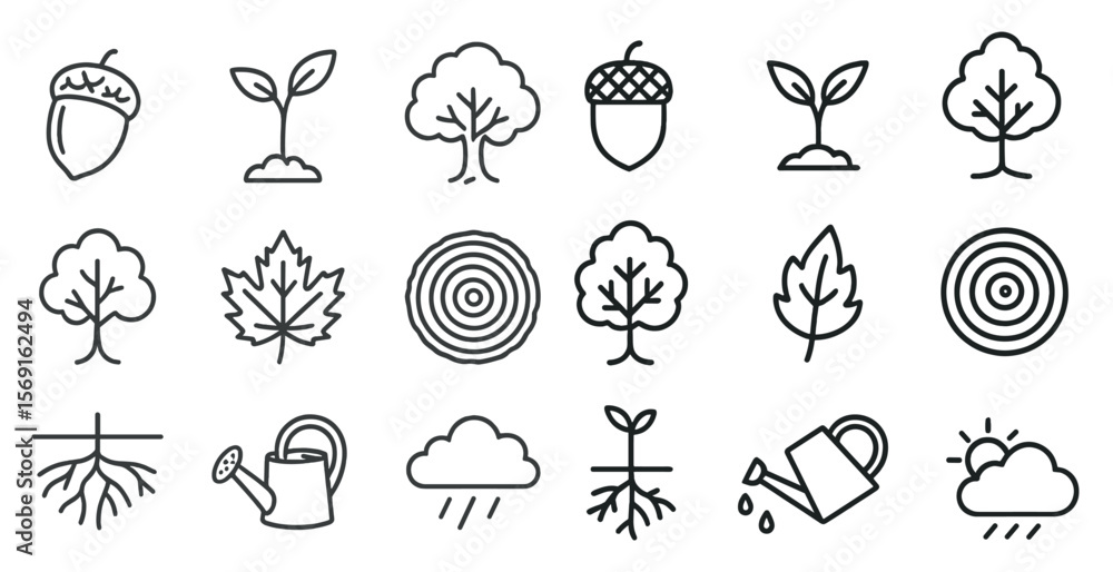 Poster set of tree icons, including a tree with a leaf, a tree with an acorn, and a tree with a leaf and a 