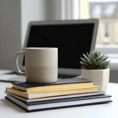 Cozy workspace scene. Mug on stacked journals, laptop background. Ideal for themes of productivity, home office, studying. Promotes calm and focus.