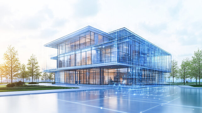 Lowpoly 3D wire mesh of a smart city An intelligent building automation system concept with binary code data flow showcasing technology in urban architecture