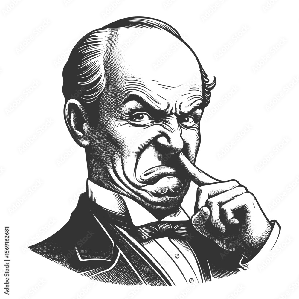 Poster man in a tuxedo with finger up nose, captured in exaggerated humorous style sketch engraving generat