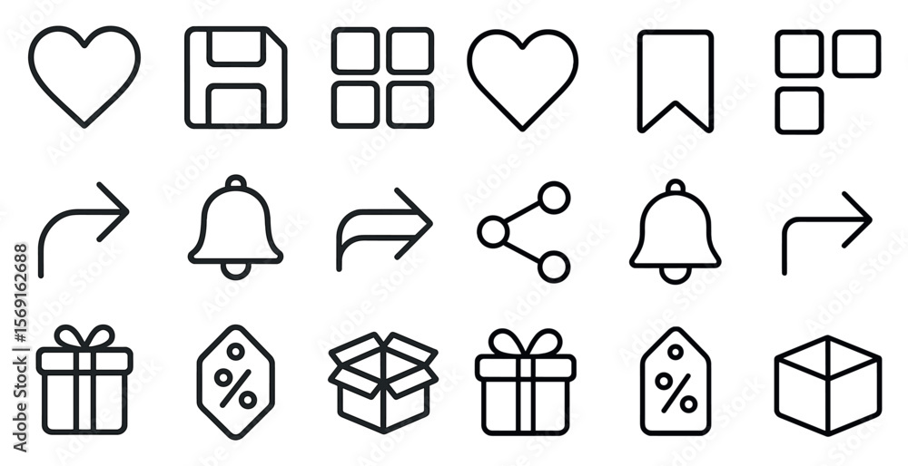Poster set of icons for a computer program. the icons include a heart, a bell, a box, a box with a red arro