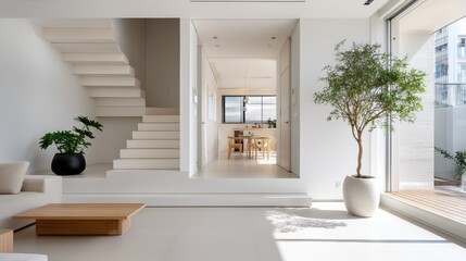 A bright, minimalist living space featuring white stairs, modern furniture, and large potted plants that enhance the airy, open design with natural light.