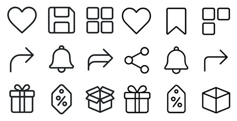 Set of icons for a computer program. The icons include a heart, a bell, a box, a box with a red arrow, a box with a green arrow, a box with a blue arrow, a box with a yellow arrow