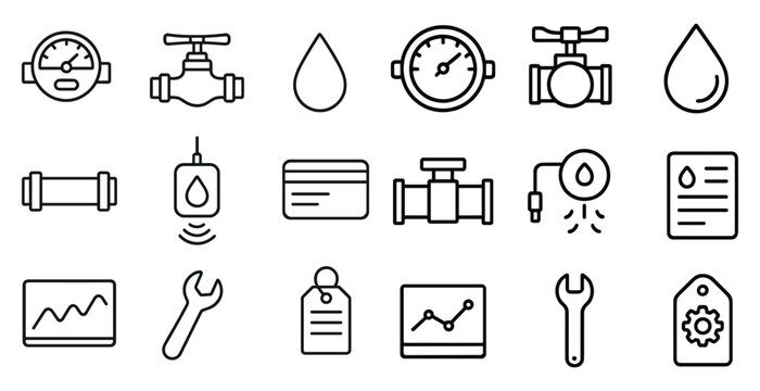 Set of symbols and icons for plumbing and water systems. The symbols include a wrench, a water meter, a credit card, and a paper. Scene is professional and technical