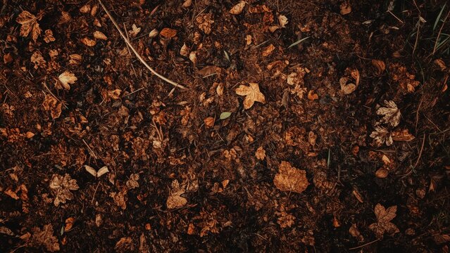 Surface of dark soil with dry leaves and twigs close-up nature texture - Powered by Adobe