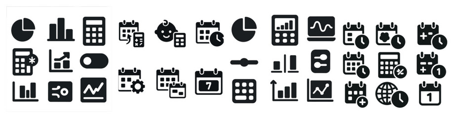Collection of icons for various applications, including a calculator, a calendar, and a clock. The icons are all black and white, and they are arranged in a row