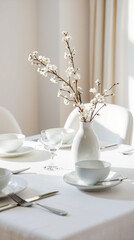 Elegant white ceramic vase with blooming branches on a sophisticated dining table setup featuring white tableware, cutlery, and glassware in a bright, modern interior
