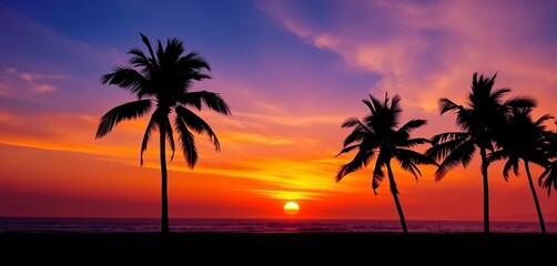 Obraz premium Abstract sunset gradient, silhouetted palm trees, hazy beach , light, digital art