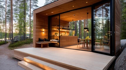 Modern wooden cabin with large glass windows, an open kitchen, and a cozy outdoor seating area nestled in a serene forest by a lake.