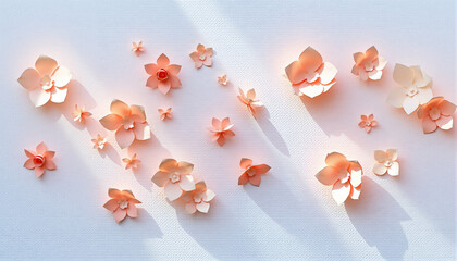 A delicate arrangement of peach-colored cherry blossoms scattered on a light background, showcasing soft textures and subtle shadows with gentle natural lighting