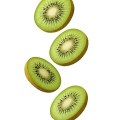 Four fresh sliced kiwi fruits falling down isolated on transparent background