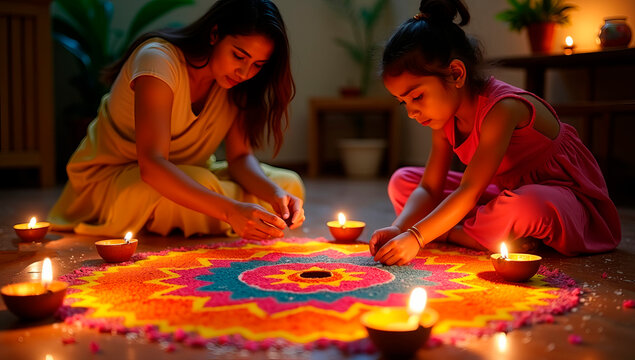 A young girl creating a rangoli with her mother, bright powders and petals forming patterns, diyas lit around, family bonding during Diwali - Powered by Adobe