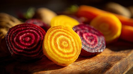 Close-up of golden beets sliced open on a wooden board, showing their vivid rings, with natural sunlight emphasizing their earthy colors