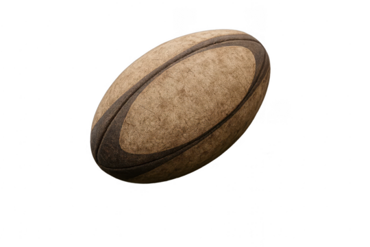 Rugby ball with a textured, worn surface, set against a blurred green field, embodying the spirit of competition and athletic challenge.