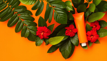Vibrant floral arrangement with red flowers, lush green leaves, and a yellow candle on a bright orange background, showcasing a lively and colorful decorative setting suitable for celebrations