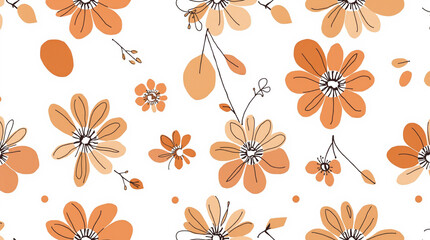 A vibrant floral pattern featuring orange and beige flowers with detailed petals and leaves, set against a white background, creating a lively and decorative design suitable for textiles and wallpaper