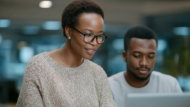 Black female engineer mentoring junior team member on coding