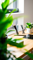 Bright and modern office workspace with potted plants, stationery, and natural light streaming through a window, creating a fresh and inviting environment for productivity