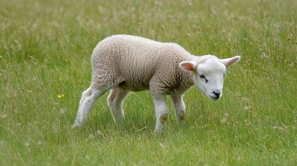 Obraz premium A lamb grazing in a grassy field.