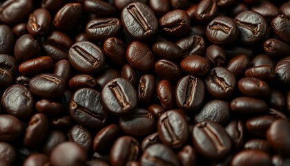 Dark, glistening roasted coffee beans close-up,   breakfast,  roasted