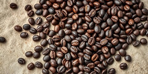 Obraz premium Dark roasted coffee beans scattered on aged linen, close-up, light roast, grind
