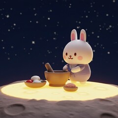 Chuseok Moon Rabbit Illustration | Cute Rabbits Making Rice Cake on the Moon