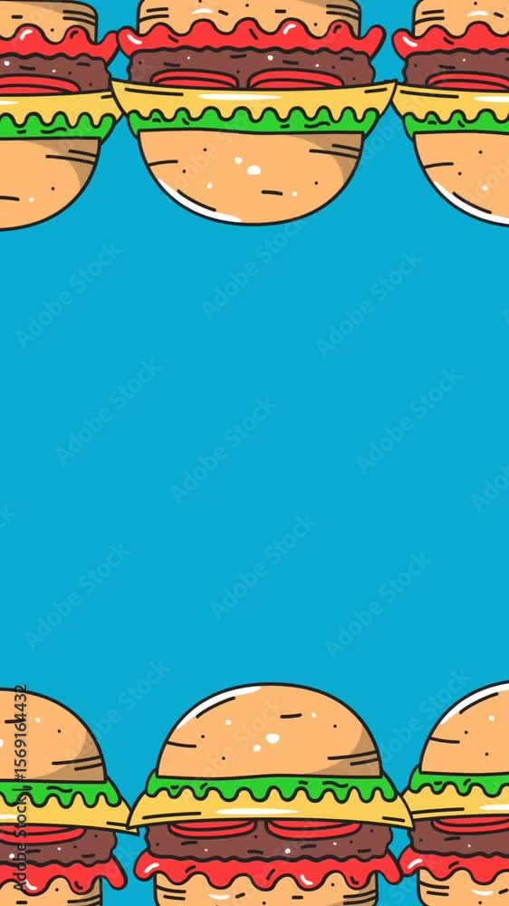 Poster animation of two rows of cheeseburgers moving at top and bottom of blue background