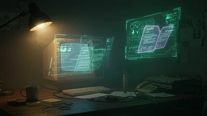 Futuristic workspace with holographic displays and coffee - Powered by Adobe