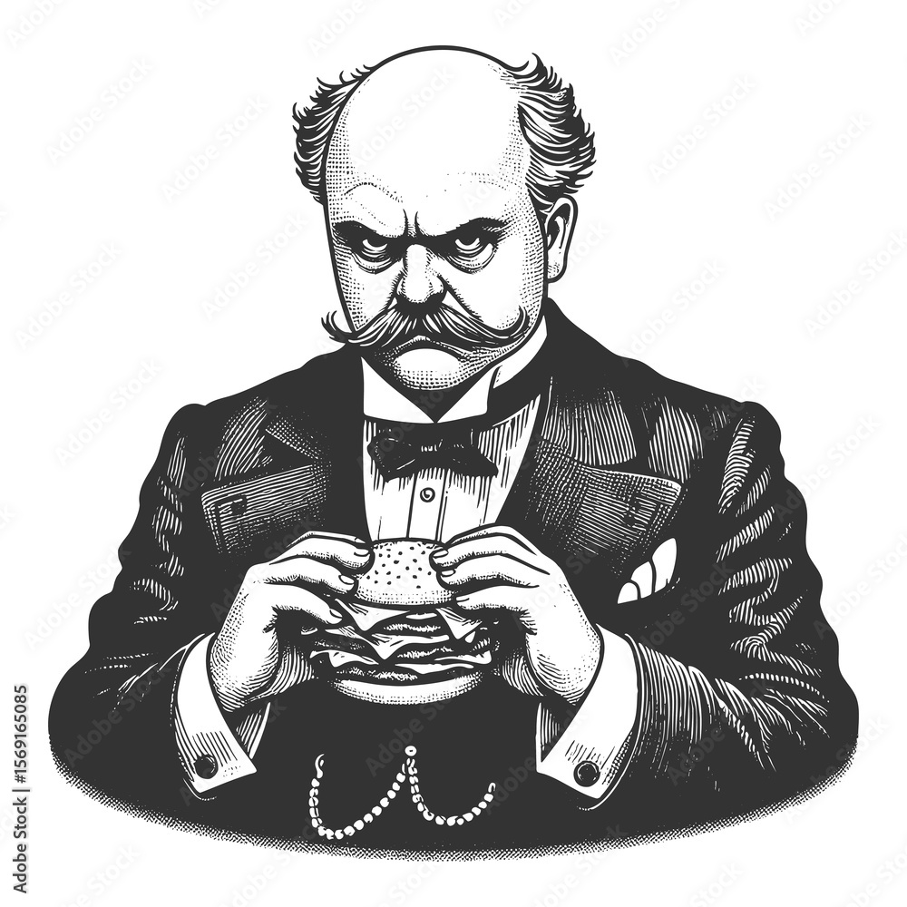 Poster man in a tuxedo holding a burger with intense expression, old-fashioned style sketch engraving gener