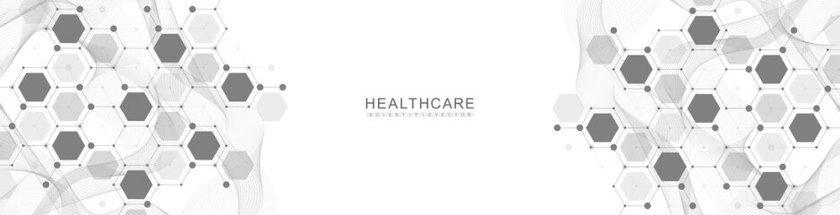 Molecular abstract structure and genetic engineering DNA. Healthcare and medicine background concept. Scientific research background. Wave flow. Innovation pattern. Vector illustration.