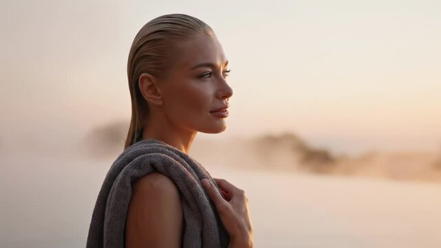 blonde and bikini - A serene woman with wet hair stands by a misty pool at sunset, wrapped in a towel, enjoying the tranquil atmosphere and beautiful natural surroundings