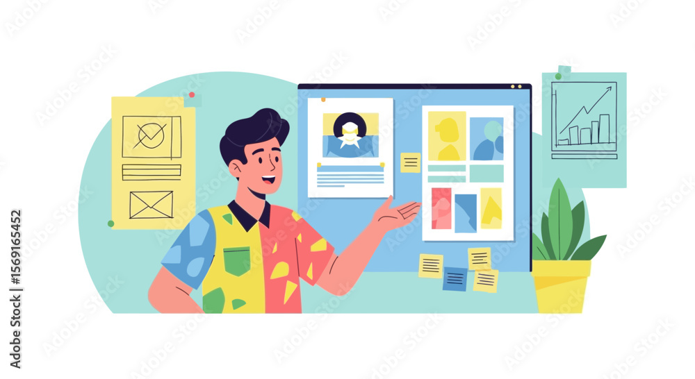 Poster creative teamwork visualizing business strategy and presenting project on interface