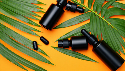 Stylish black essential oil bottles with dropper caps placed on vibrant green palm leaves, showcasing a modern and natural aesthetic for aromatherapy or wellness products