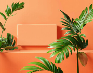 Elegant minimalist display with a peach-colored rectangular box surrounded by lush green tropical plants against a matching peach background, creating a vibrant and stylish aesthetic