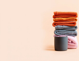 Stack of folded clothes including orange, gray, and pink garments arranged on a black cylindrical container against a plain beige background