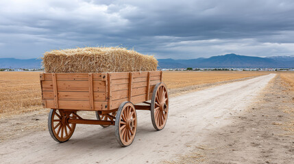 Vintage farm, Wooden wagon filled with hay on a dirt path in a rural setting.