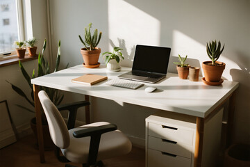 Sunlit Minimalist Workspace with Green Plants