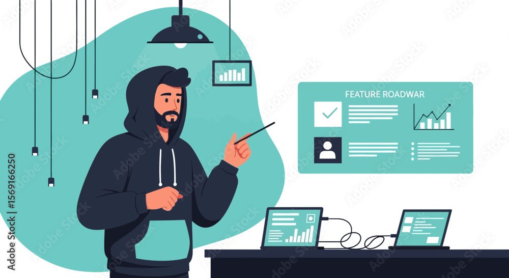 Poster software engineer presenting feature roadmap on project management tool