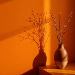 A minimalist still life featuring two beige ceramic vases with dried branches set against an orange wall, casting intricate shadows on the surface below
