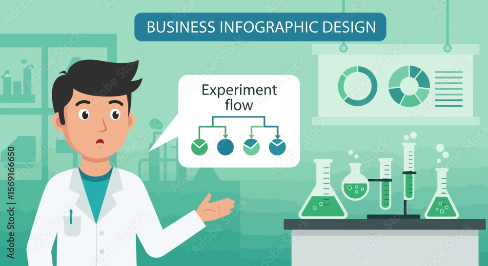 Poster scientist explaining business data and lab experiment flow chart