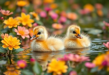 Two fluffy ducklings paddle joyfully amidst vibrant blooms,  carefree,  aquatic