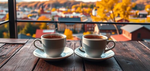 Two steaming coffee cups sit on a rustic wooden table, overlooking a vibrant autumn city , warm, view