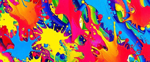 Vibrant, abstract paint splashes in bold colors forming a dynamic pattern, illustration, AI art