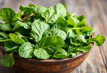 Vibrant green spinach leaves overflowing a rustic bowl, bright, bowl