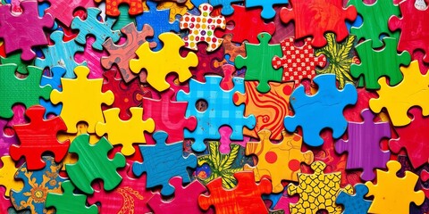 Vibrant jigsaw puzzle pieces interlocking, diverse shapes and colors,  geometric,  accomplishment
