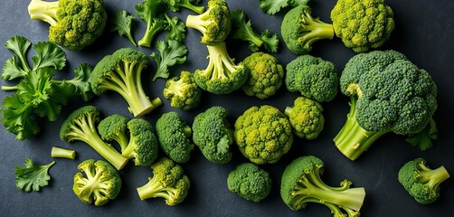 Vibrant green kale, spinach, broccoli florets arranged on dark slate background,  broccoli,   ingredients