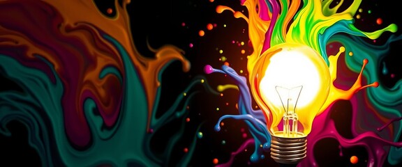 Vibrant liquid paint bursts from a glowing lightbulb, creating an abstract design, artwork, flow