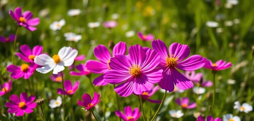 Vibrant magenta & white cosmos blossoms in a sunlit summer meadow,  summer,  flowers
