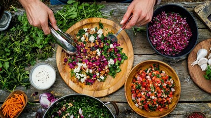 A family cooking a meal using fresh ingredients from their garden, sustainable food practices,