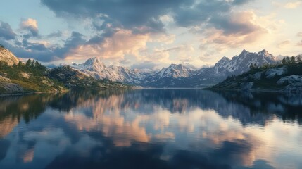 Fototapeta premium Serene mountain landscape reflecting in a tranquil lake at sunset.